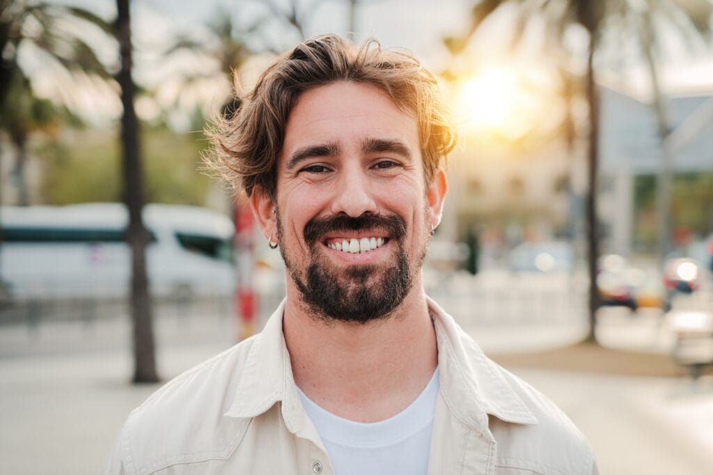 Smiling Man Outdoors at Sunset - Services A bearded man with wavy hair smiles warmly at the camera. He is wearing a light-colored shirt and standing outdoors with palm trees and the sun setting in the background, creating a relaxed and cheerful atmosphere. - Services