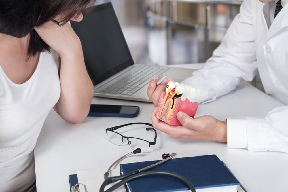 A dentist holds a cross-section tooth model while explaining dental anatomy to a patient seated at a desk. - Diagnostic and Preventative