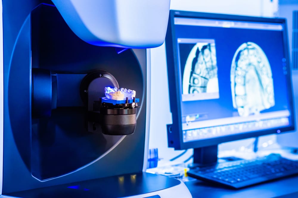 A 3D dental scanner and computer screen displaying digital models of teeth used in prosthodontics for creating crowns, bridges, or implants. - Prosthodontics Dentistry